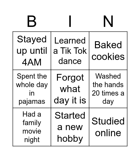 Quarantine bingo Card