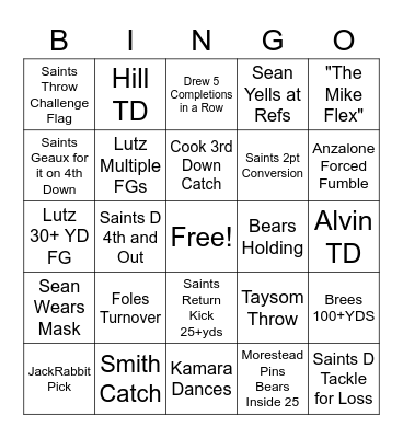 Saints vs Bears Bingo Card