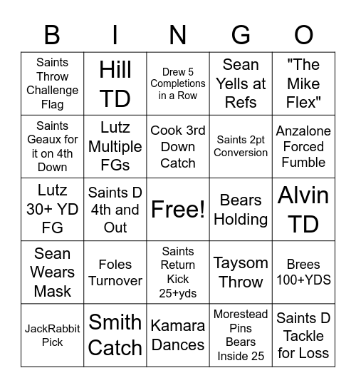 Saints vs Bears Bingo Card