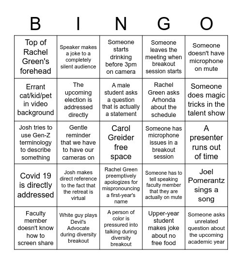 BCMB Retreat 2020 Bingo Card