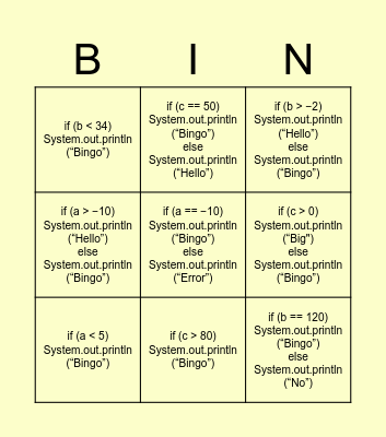 Conditional-Statement-Bingo game Bingo Card