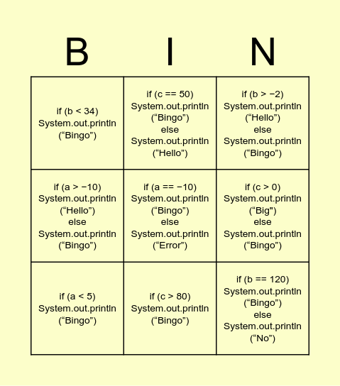 Conditional-Statement-Bingo game Bingo Card