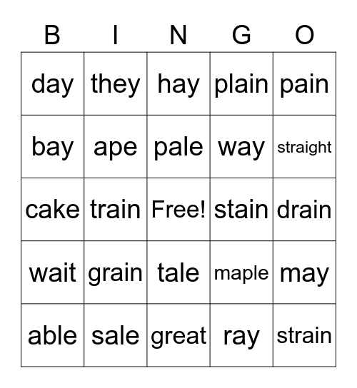Words with /ae/ sound Bingo Card
