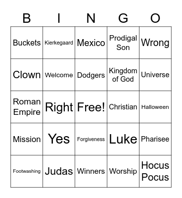 RLLA Sunday Bingo Card