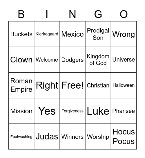 RLLA Sunday Bingo Card