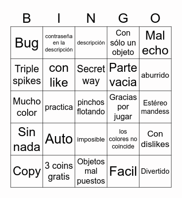 Geometry dash Bingo Card