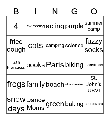 Caroline's Favorite Things Bingo Card