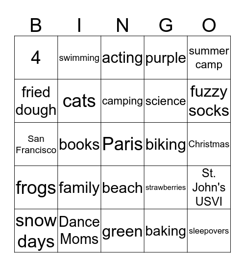 Caroline's Favorite Things Bingo Card