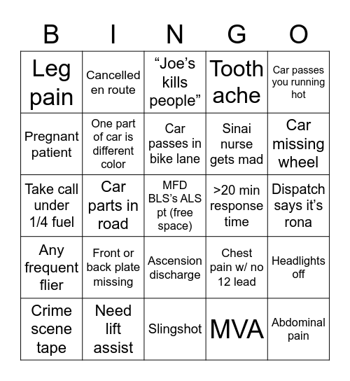 Milwaukee EMS Bingo Card
