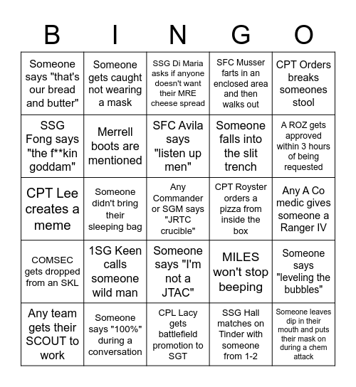 A Co JRTC Bingo Card