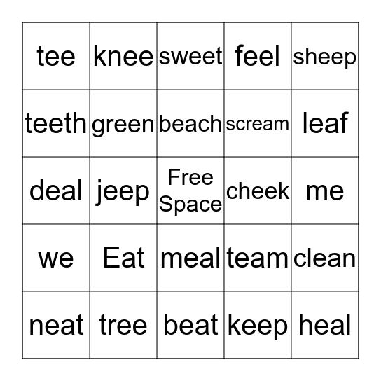 Long Ee Short Ee Bingo Card