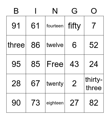 Number Bingo Card