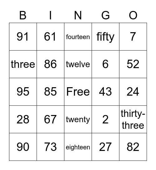 Number Bingo Card
