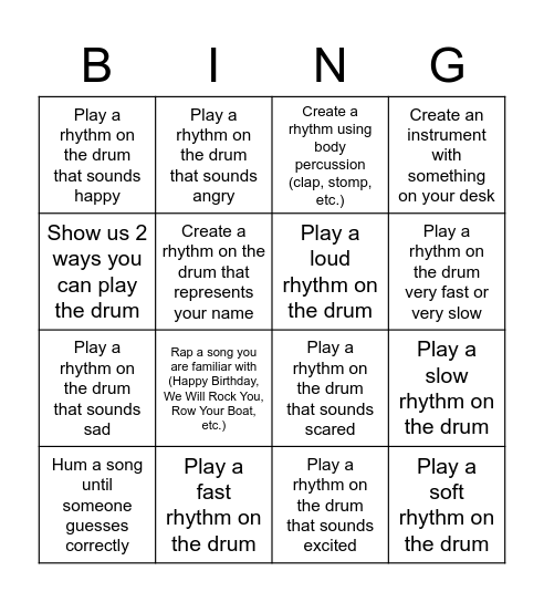 Music Dares Bingo Card