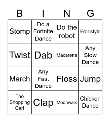 Dance Moves Bingo Card