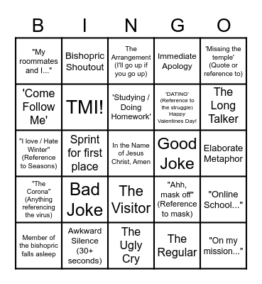 Testimony Meeting Bingo - Feb 7, 2021 Bingo Card