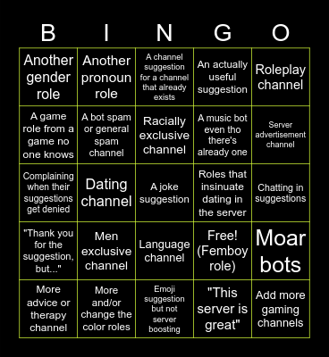Suggestions Bingo Card