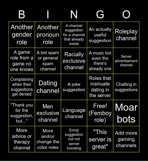 Suggestions Bingo Card