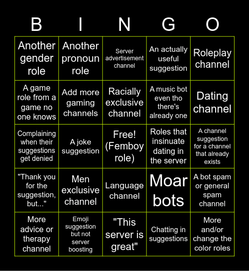 Suggestions Bingo Card