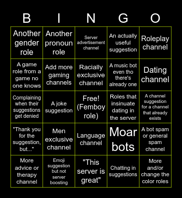 Suggestions Channel Bingo Card