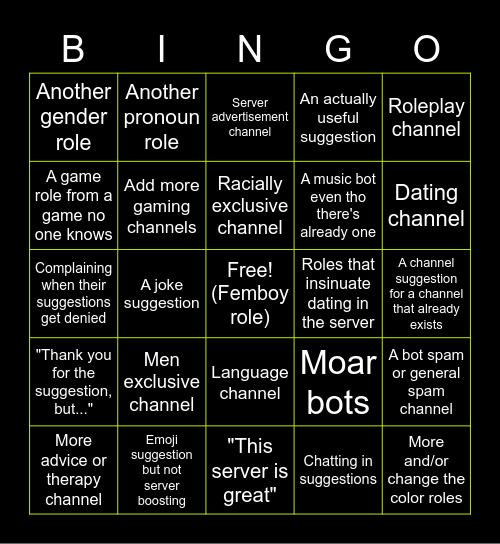 Suggestions Channel Bingo Card