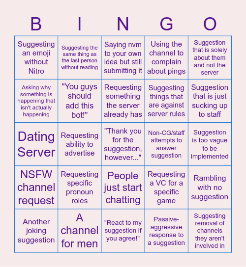 #Suggestions Bingo Card