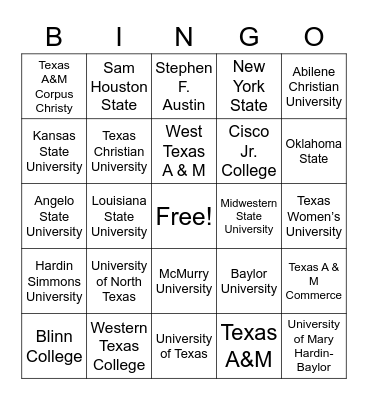 University Names Bingo Card