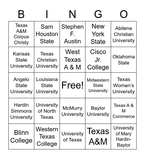 University Names Bingo Card