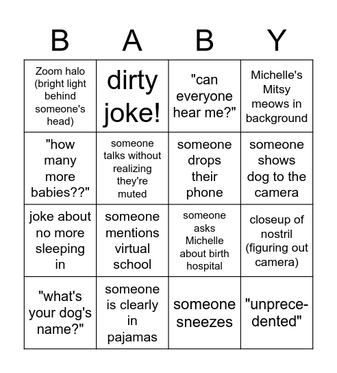 Michelle's Baby Shower 11-7-20 Bingo Card