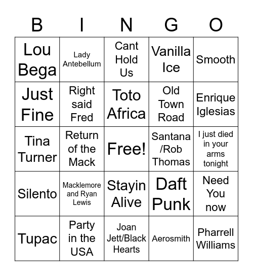 Epic Musical Bingo Card