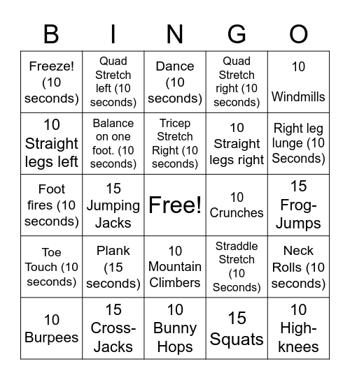 Hennessey Exercise Bingo 2020 Bingo Card