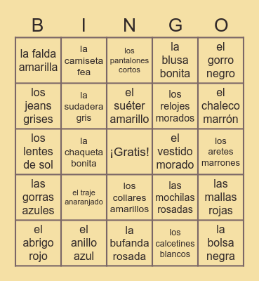 2.1 La ropa Bingo Card