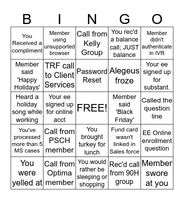 Member Services Bingo Card