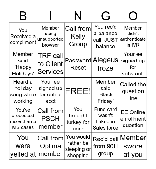 Member Services Bingo Card