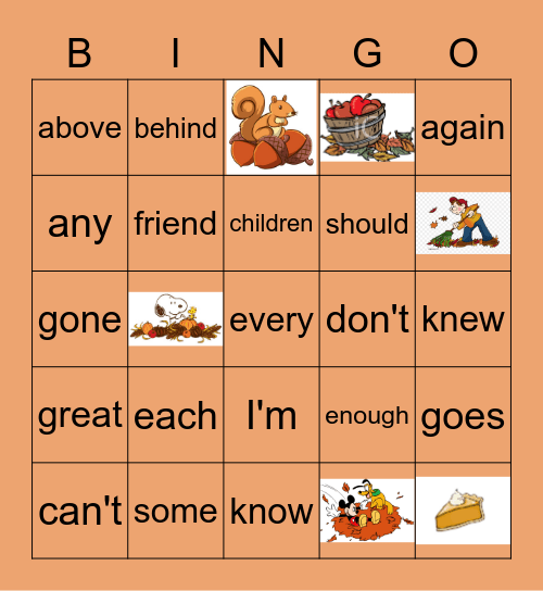 High Frequency Words Bingo Card