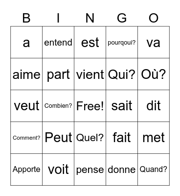 Sweet 16 verbs + Question words Bingo Card