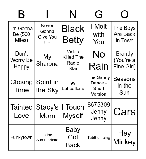 Bingo One Hit Wonders Bingo Card