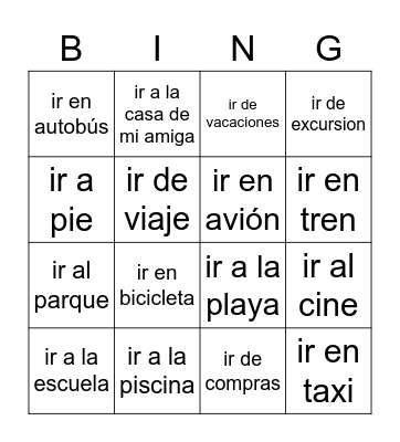 ir + a place Bingo Card