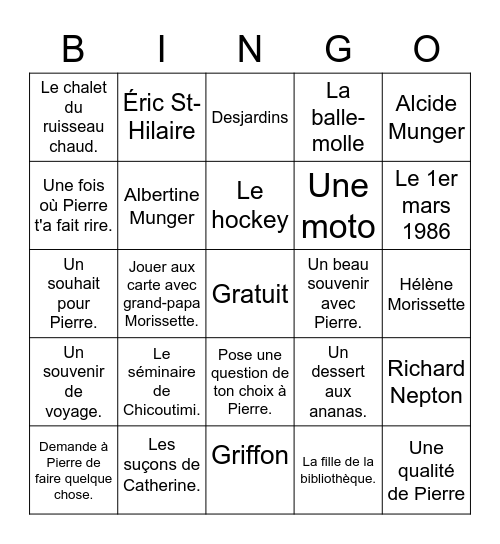 Pierre Bingo Card