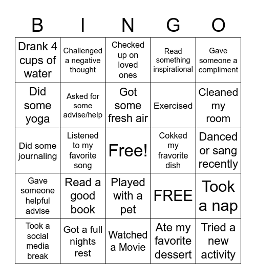 Mindfullness Bingo Card