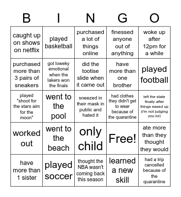2020 Summer Bingo Card