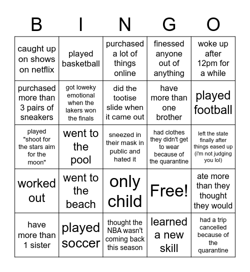 2020 Summer Bingo Card