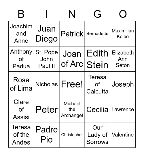 All Saints Bingo Card