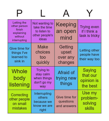 Flexible and rigid thinking Bingo Card