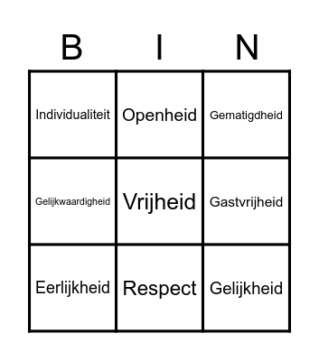Nederlandse Waardes Bingo Card