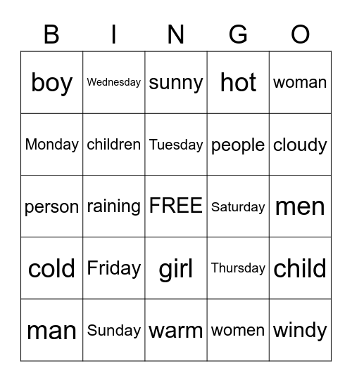 Sight Words Bingo Card