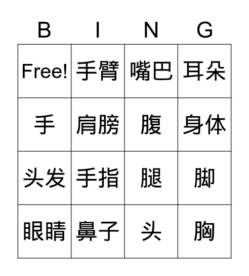 身体部位 Bingo Card