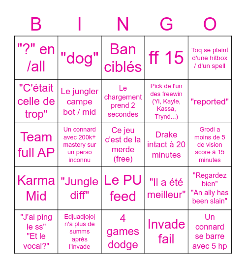 League Of Legends Du Cul Bingo Card