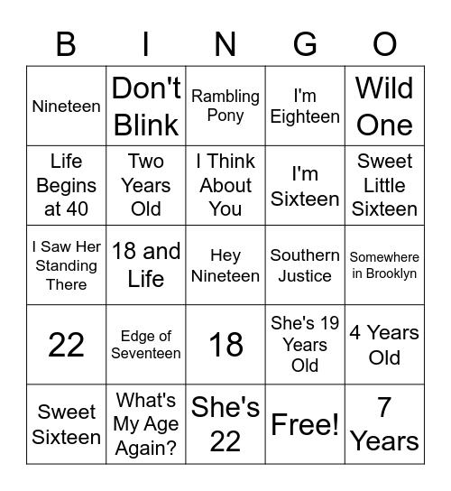 Songs With Ages Bingo Card