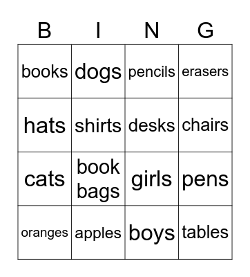 Plurals Bingo Card